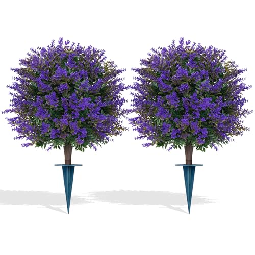 Grooy Artificial Lavender Topiary Ball for Outdoors, Set of 2 Boxwood Plant Tree with Spike, Fake Shrubs UV Resistant Faux Plants for Indoor Outdoor Decor - Image 1