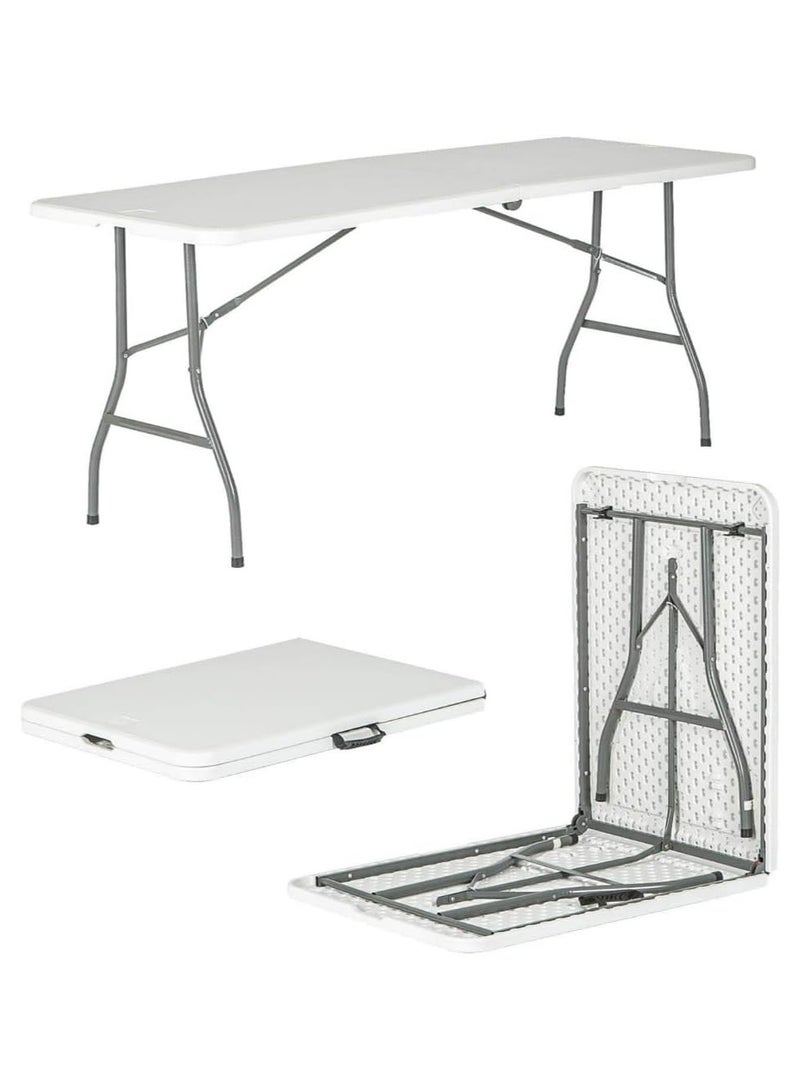 بي جي إم , طاولة تخييم خارجية خفيفة الوزن قابلة للطي، طاولة نزهة قابلة للطي من البلاستيك شديد التحمل في الهواء الطلق، طاولة قابلة للطي لحفلات الشواء، قابلة للطي بنصف مع مقبض حمل، أبيض - Image 1