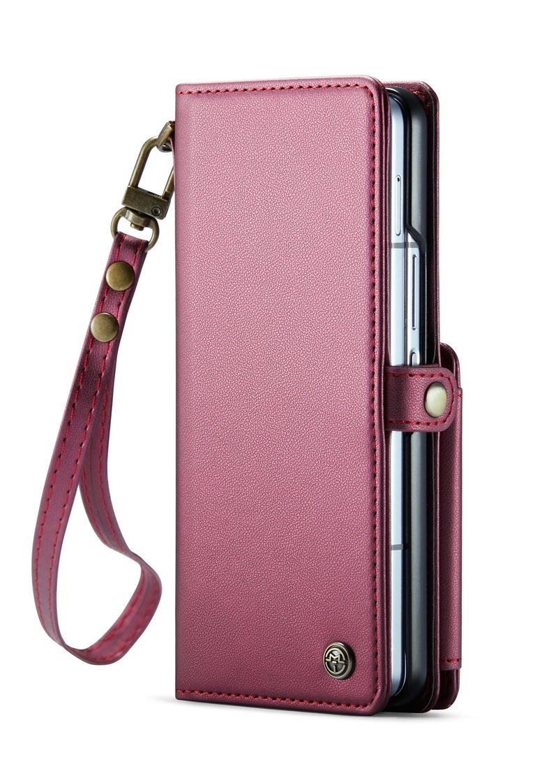 CaseMe Wallet Case for Samsung Galaxy Z Fold 6 5G Premium Handmade Durable PU Leather Slim Shockproof Case with [Double Magnetic Clasp] [Card Holder] [Kickstand] [RFID Blocking] (Wine Red) - Image 2