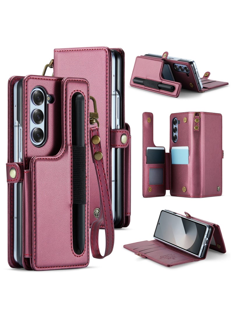 CaseMe Wallet Case for Samsung Galaxy Z Fold 6 5G Premium Handmade Durable PU Leather Slim Shockproof Case with [Double Magnetic Clasp] [Card Holder] [Kickstand] [RFID Blocking] (Wine Red) - Image 1