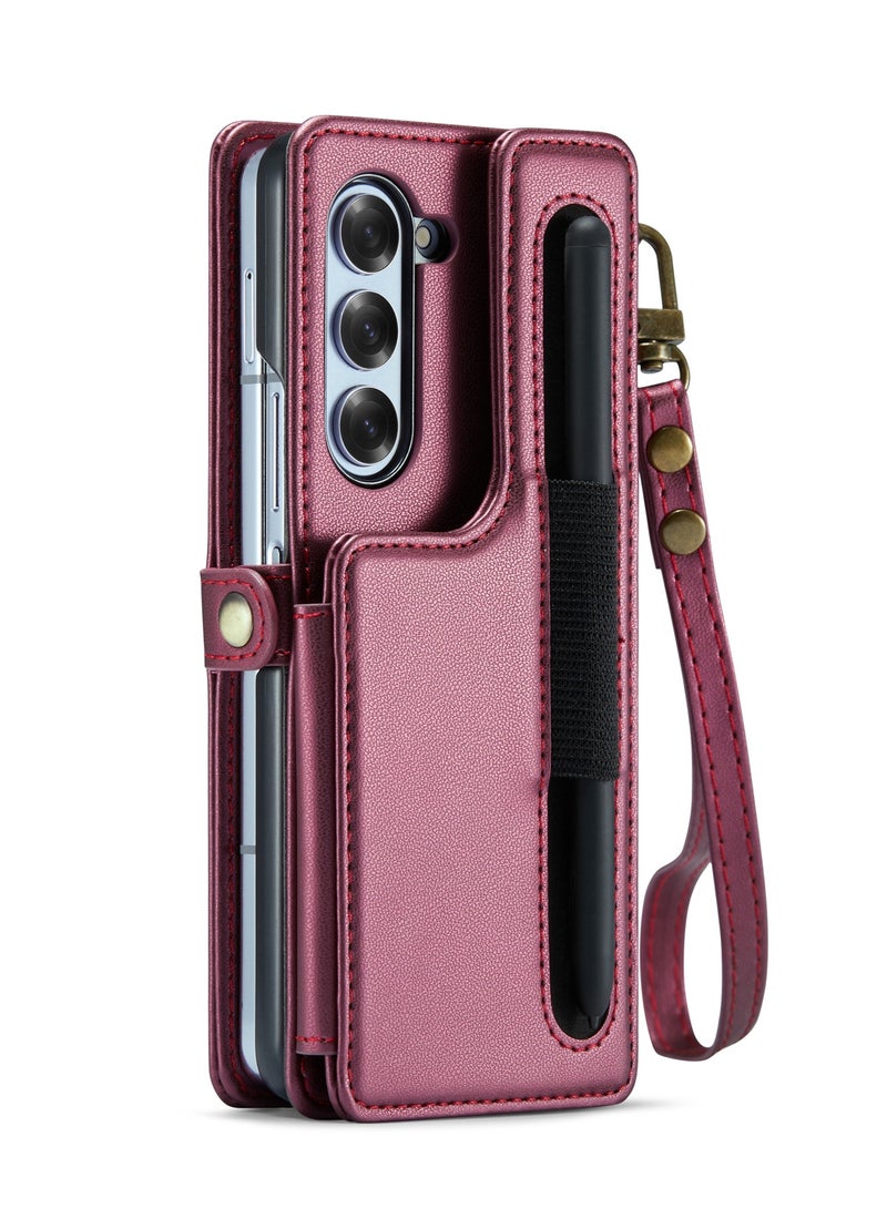 CaseMe Wallet Case for Samsung Galaxy Z Fold 6 5G Premium Handmade Durable PU Leather Slim Shockproof Case with [Double Magnetic Clasp] [Card Holder] [Kickstand] [RFID Blocking] (Wine Red) - Image 3