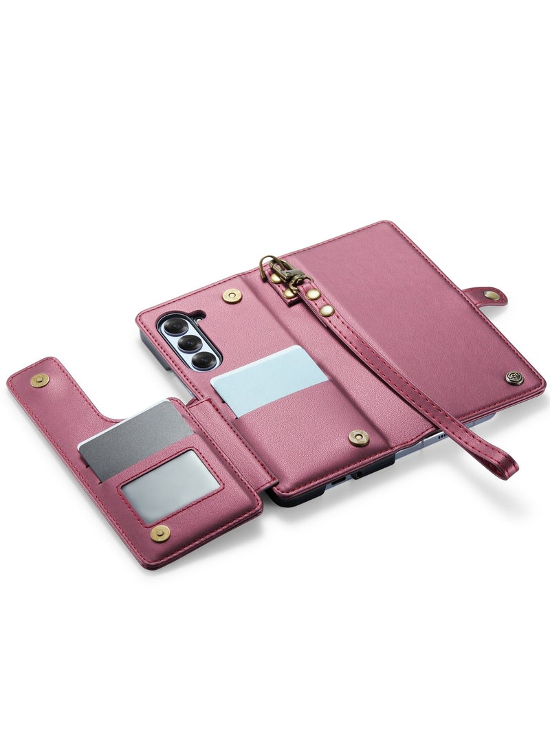 CaseMe Wallet Case for Samsung Galaxy Z Fold 6 5G Premium Handmade Durable PU Leather Slim Shockproof Case with [Double Magnetic Clasp] [Card Holder] [Kickstand] [RFID Blocking] (Wine Red) - Image 4