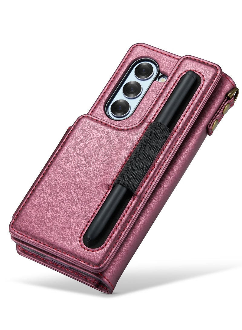 CaseMe Wallet Case for Samsung Galaxy Z Fold 6 5G Premium Handmade Durable PU Leather Slim Shockproof Case with [Double Magnetic Clasp] [Card Holder] [Kickstand] [RFID Blocking] (Wine Red) - Image 5