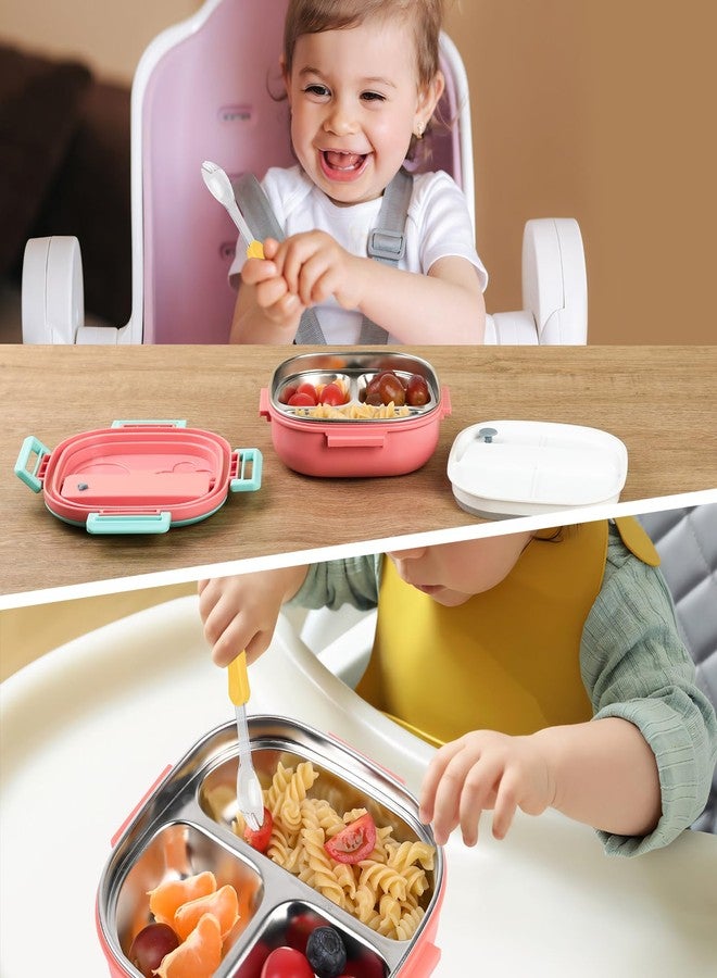 PEDECO Small Stainless Steel Bento Box for Toddlers (Ages 0-2) - 3-Compartment Lunch Set with Portable Cutlery - Leak-Proof, Dishwasher Safe & BPA-Free - Pink - Image 2