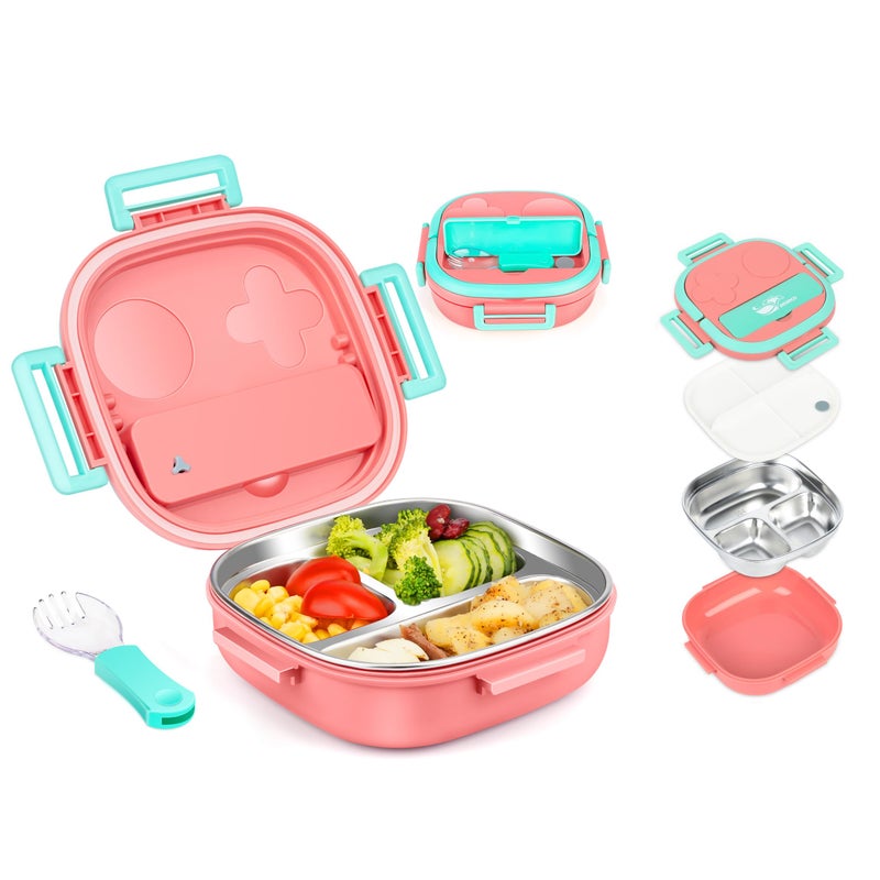 PEDECO Small Stainless Steel Bento Box for Toddlers (Ages 0-2) - 3-Compartment Lunch Set with Portable Cutlery - Leak-Proof, Dishwasher Safe & BPA-Free - Pink - Image 1