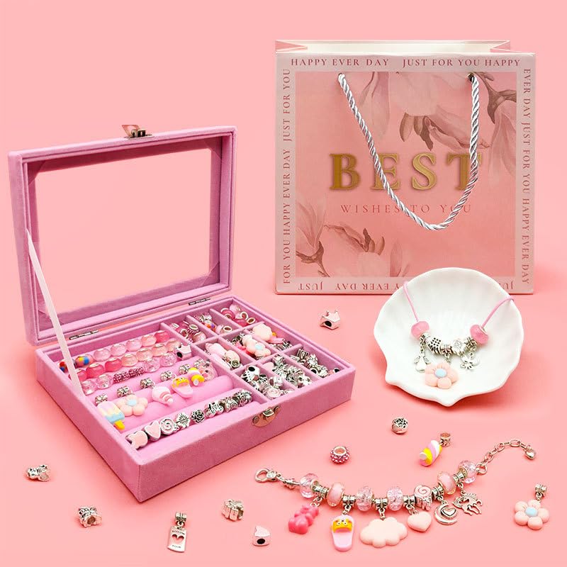 Capstro 68PCS Charm Bracelet Making Kit for Girls – Pink Jewelry Kit with Snake Chain Bracelets, Cords, Beads, Pendants, Luxury Jewelry Box & Gift Bag | DIY Bracelet Craft Set for Kids Ages 6–12 - Image 5