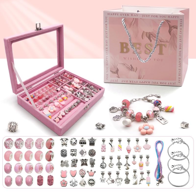 Capstro 68PCS Charm Bracelet Making Kit for Girls – Pink Jewelry Kit with Snake Chain Bracelets, Cords, Beads, Pendants, Luxury Jewelry Box & Gift Bag | DIY Bracelet Craft Set for Kids Ages 6–12 - Image 1