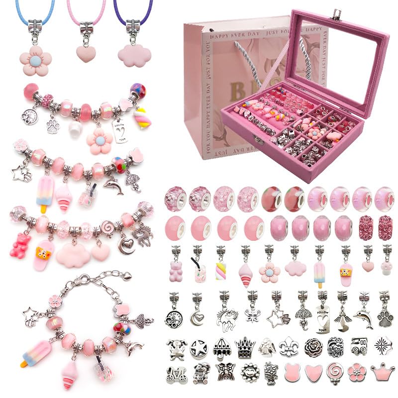 Capstro 68PCS Charm Bracelet Making Kit for Girls – Pink Jewelry Kit with Snake Chain Bracelets, Cords, Beads, Pendants, Luxury Jewelry Box & Gift Bag | DIY Bracelet Craft Set for Kids Ages 6–12 - Image 1