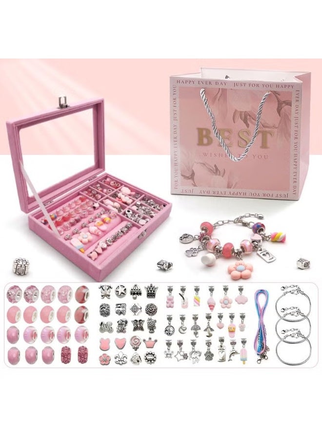 Capstro 68PCS Charm Bracelet Making Kit for Girls – Pink Jewelry Kit with Snake Chain Bracelets, Cords, Beads, Pendants, Luxury Jewelry Box & Gift Bag | DIY Bracelet Craft Set for Kids Ages 6–12 - Image 4