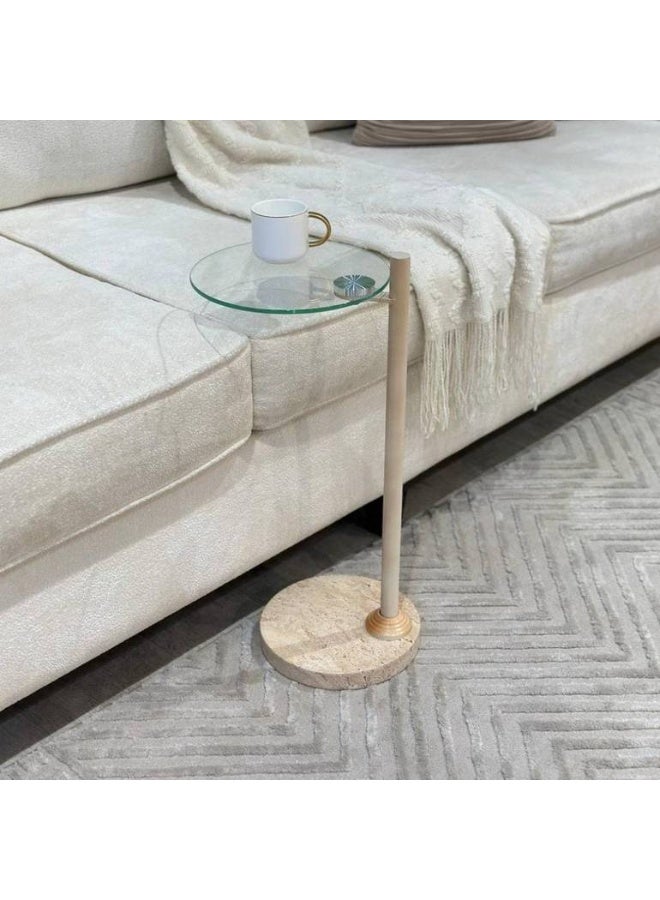 Modern C-Shaped Side Sofa Table with Clear Glass Top, Wooden Stem, and - Image 1