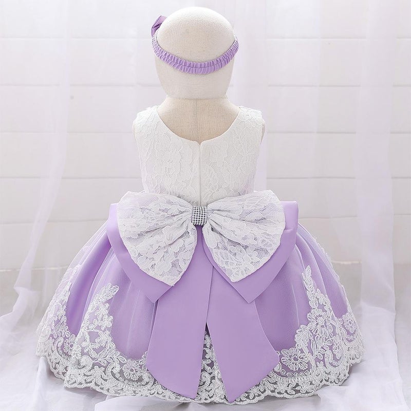Amazon Baby Dress Big Bow Lace Wedding Princess Dress Baby One Year Old Wash Dress Hair Belt L1911XZ-purple 