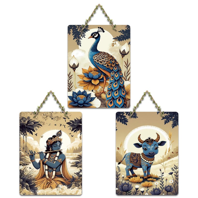 Al Raied ARS® Wall Hanging Set of 3 - Krishna, Peacock, and Cow Wooden Wall Decor - Image 1