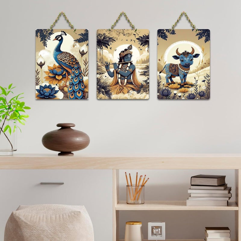 Al Raied ARS® Wall Hanging Set of 3 - Krishna, Peacock, and Cow Wooden Wall Decor - Image 4