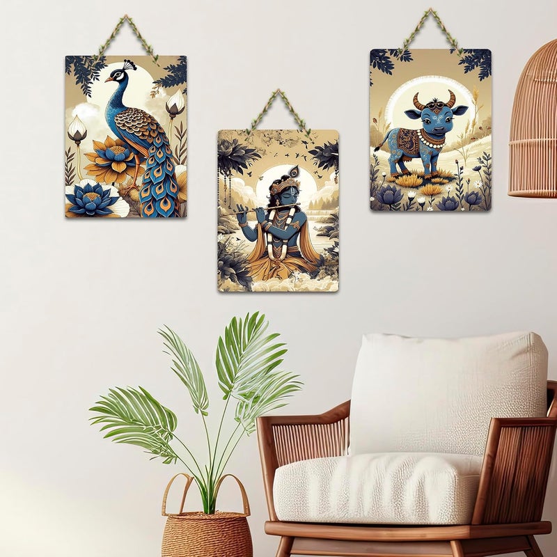 Al Raied ARS® Wall Hanging Set of 3 - Krishna, Peacock, and Cow Wooden Wall Decor - Image 3