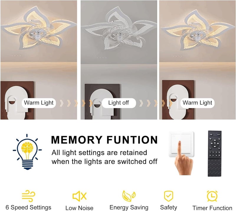 جيادي مروحة سقف حديثة منخفضة من GEADI مع أضواء LED قابلة للتعتيم، مراوح سقف مع تحكم عن بعد، مصباح سقف على شكل زهرة للغرف وغرف المعيشة وغرف الطعام، تركيبة إضاءة سقفية بـ 6 سرعات - Image 5