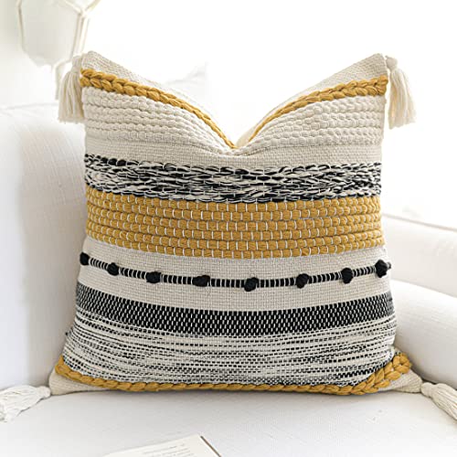 BlissBlush Fall Yellow Mustard Decorative Throw Pillow Cover 20x20 Square Boho Accent Pillowcase Tassels Farmhouse Cushion for Couch Sofa Bedroom Living Room Home Décor Cover ONLY - Image 1