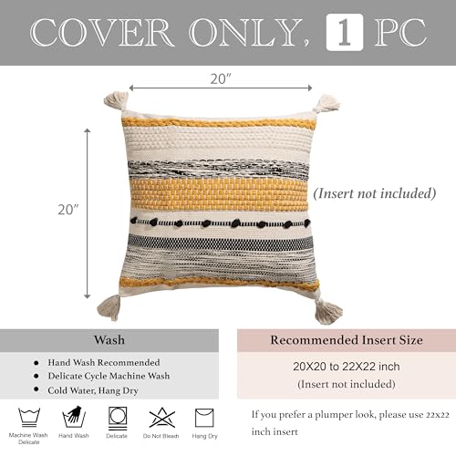 BlissBlush Fall Yellow Mustard Decorative Throw Pillow Cover 20x20 Square Boho Accent Pillowcase Tassels Farmhouse Cushion for Couch Sofa Bedroom Living Room Home Décor Cover ONLY - Image 4