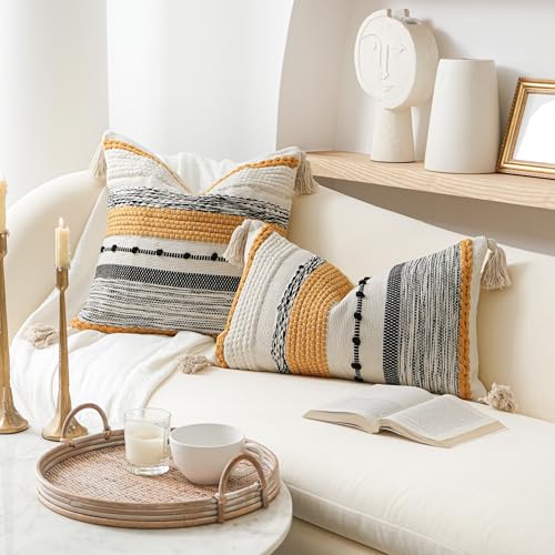 BlissBlush Fall Yellow Mustard Decorative Throw Pillow Cover 20x20 Square Boho Accent Pillowcase Tassels Farmhouse Cushion for Couch Sofa Bedroom Living Room Home Décor Cover ONLY - Image 5