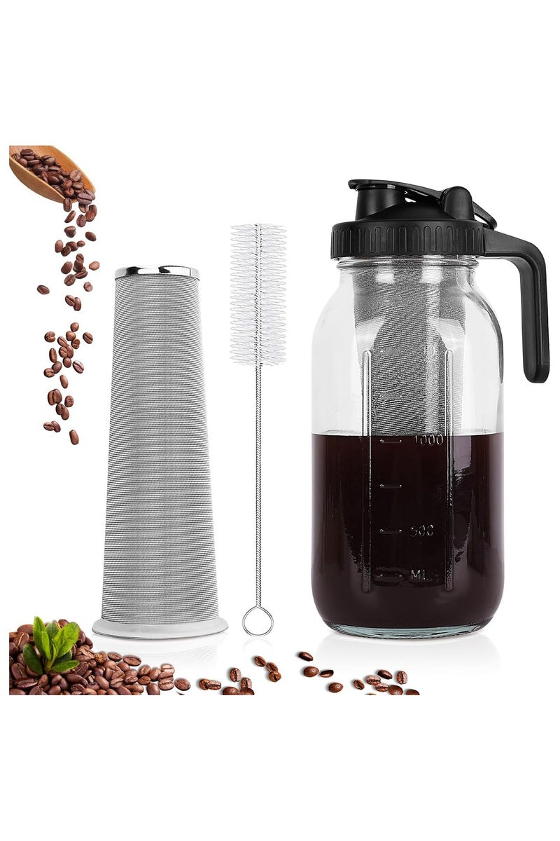 عربست ماكينة تحضير القهوة الباردة، إبريق ماسون سعة 64 أونصة مع فلتر من الفولاذ المقاوم للصدأ، غطاء بمقبض فوهة الصب، إبريق زجاجي متين محكم الغلق ومضاد للتسرب للقهوة المثلجة والشاي والليمون. - Image 1
