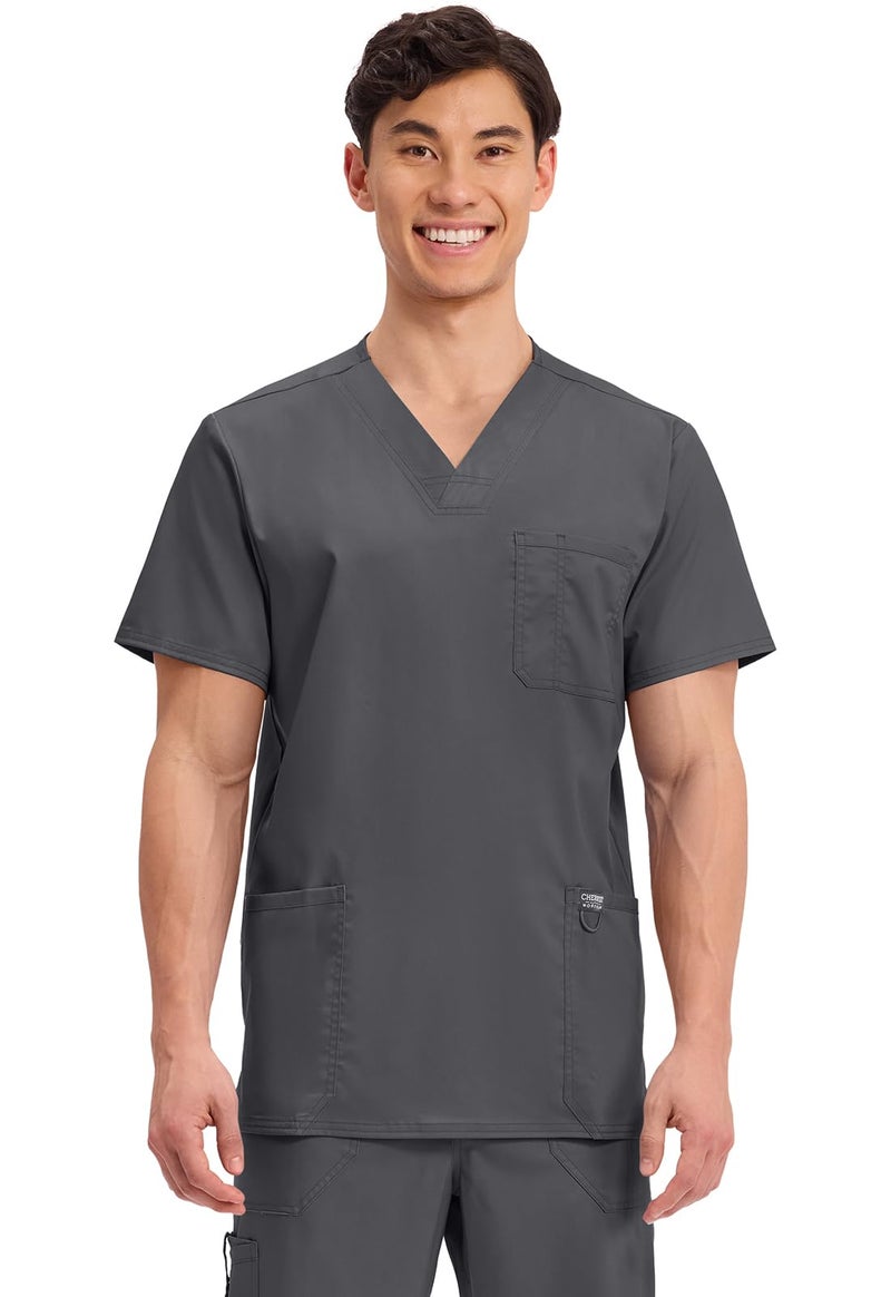 Cherokee Scrub top for Men V-Neck with 3 Pockets, Knit Details, Soft, Durable, Breathable, 2-Way Stretch Fabric - WW670, M, Pewter