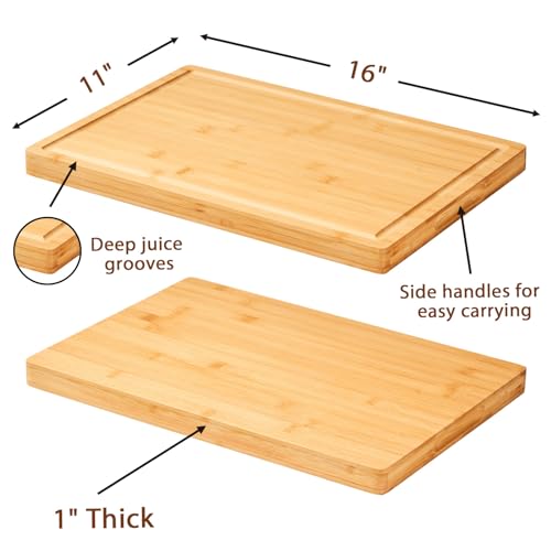 Allsum Bamboo Wood Cutting Boards for Kitchen, 1" Thick Charcuterie Boards, Butcher Block with Juice Grooves & Handles - Image 3