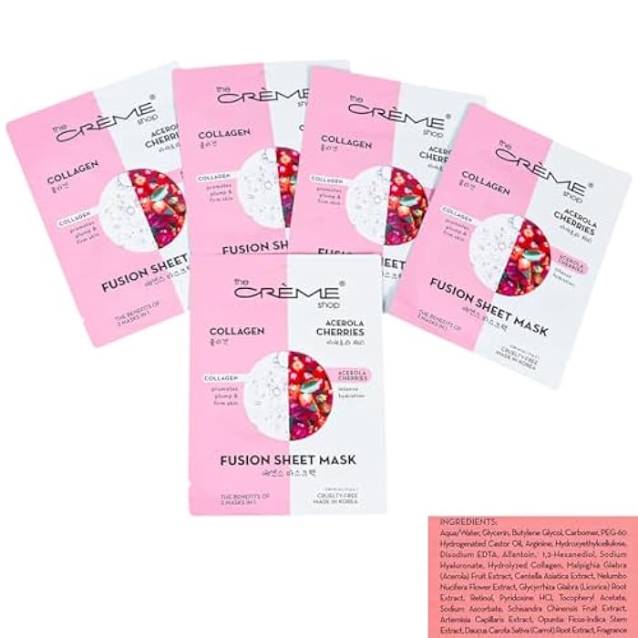 The Crème Shop Face Mask 5 Pack - Bundle with 5 Fusion Sheet Masks Made in Korea with Collagen & Acerola Cherries for Hydration and Firming | The Creme Shop Skin Care - Image 2