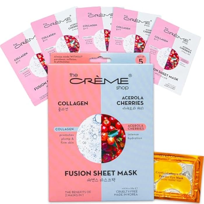 The Crème Shop Face Mask 5 Pack - Bundle with 5 Fusion Sheet Masks Made in Korea with Collagen & Acerola Cherries for Hydration and Firming | The Creme Shop Skin Care - Image 1