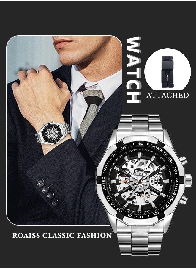 roaiss Men's Mechanical Skeleton Stainless Steel Watch Waterproof Self Winding Luxury X Dial Steampunk Wristwatch  - Image 1