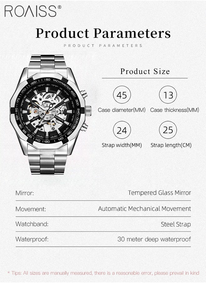 roaiss Men's Mechanical Skeleton Stainless Steel Watch Waterproof Self Winding Luxury X Dial Steampunk Wristwatch  - Image 4