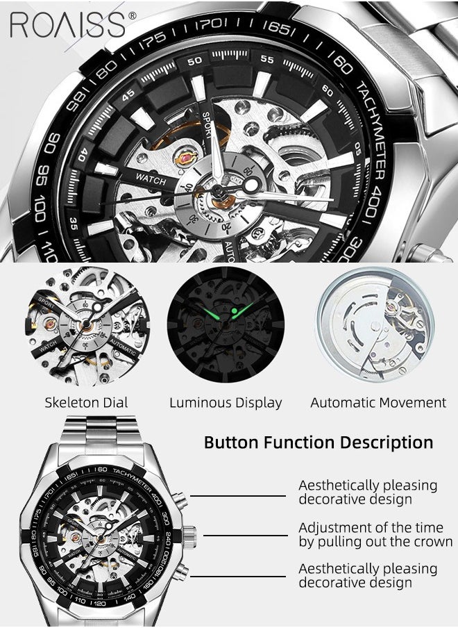 roaiss Men's Mechanical Skeleton Stainless Steel Watch Waterproof Self Winding Luxury X Dial Steampunk Wristwatch  - Image 5