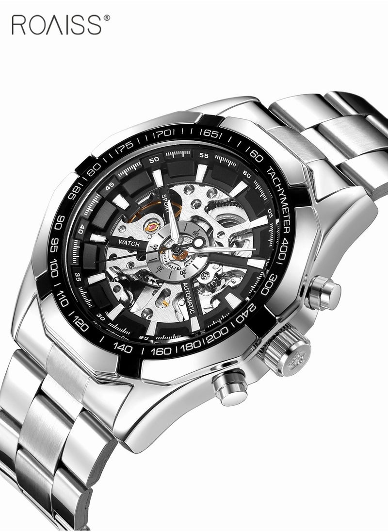 roaiss Men's Mechanical Skeleton Stainless Steel Watch Waterproof Self Winding Luxury X Dial Steampunk Wristwatch  - Image 1