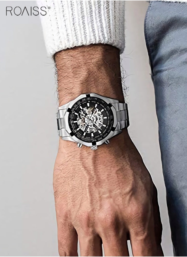 roaiss Men's Mechanical Skeleton Stainless Steel Watch Waterproof Self Winding Luxury X Dial Steampunk Wristwatch  - Image 5