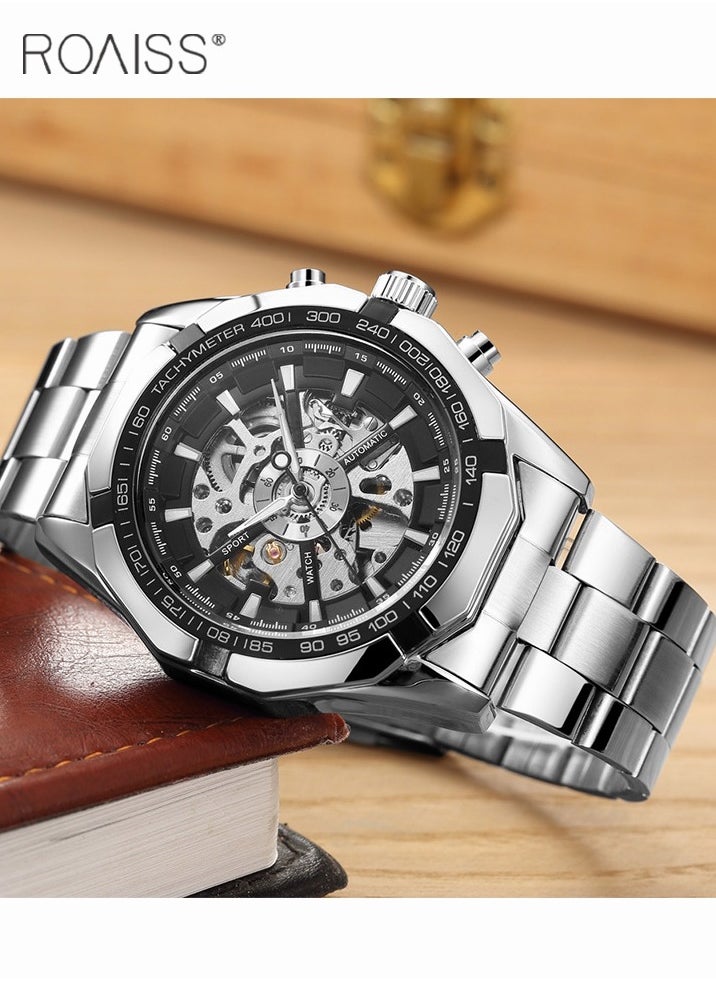 roaiss Men's Mechanical Skeleton Stainless Steel Watch Waterproof Self Winding Luxury X Dial Steampunk Wristwatch  - Image 2