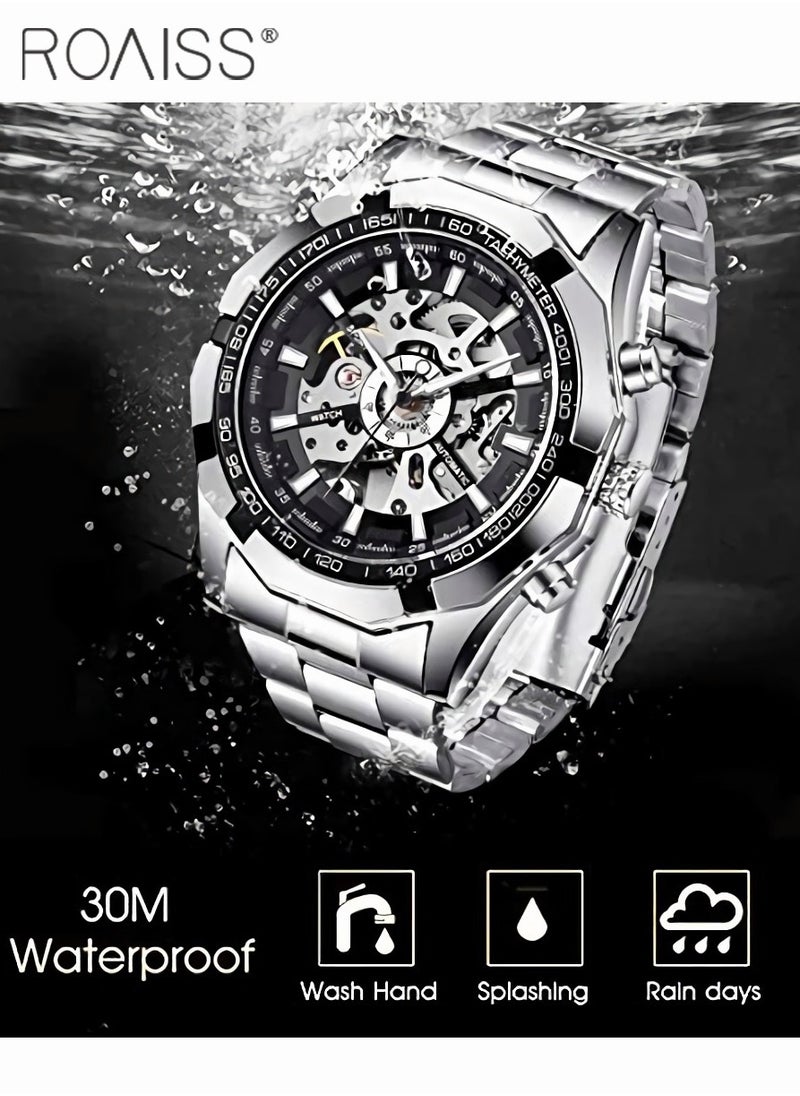 roaiss Men's Mechanical Skeleton Stainless Steel Watch Waterproof Self Winding Luxury X Dial Steampunk Wristwatch  - Image 3
