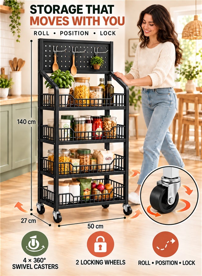 بلومنغ تايم رف تخزين وعرض متحرك بـ 4 طبقات مع لوح تثقيب (Pegboard)، و15 خطافاً معدنياً فضياً، و4 عجلات دوارة، مقاس 50 × 27 × 140 سم - Image 5