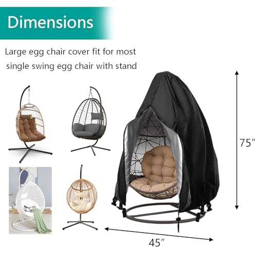 FLYMEI Patio Egg Chair Covers with Zipper, 420D Wicker Egg Swing Chair Covers, Waterproof Heavy Duty Weather Resisatnt Outdoor Chair Cover, Windproof Hanging Chair Cover, 75" x 45", Black, 1 Pack - Image 2