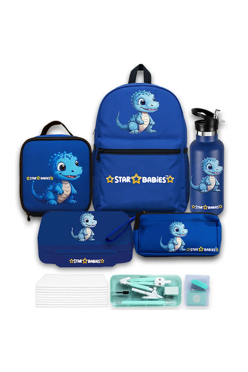 ستار بيبيز Star Babies 16-Inch Dino Themed Children's Backpack for boys Adjustable Shoulder Strap for Hiking Large with 500 ml Stainless Steel Water Bottle and Bento Lunch Box with 4 Compartments, Leak-Proof, Toddler-Friendly,and Bento Lunch Bag and Pencil Case, Pack of 5