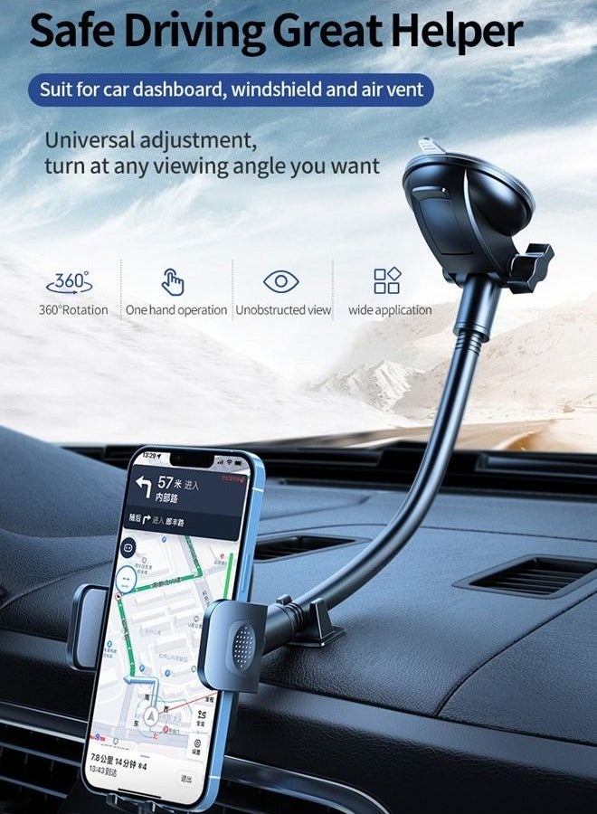 حامل جوال للسيارة بذراع طويل 360 درجة دون عوائق - حامل للزجاج الأمامي، تصميم مضاد للاهتزاز بنقطتين ثابتتين، آمن، مناسب لجميع السيارات، أوبر/ليفت/تاكسي - Image 1