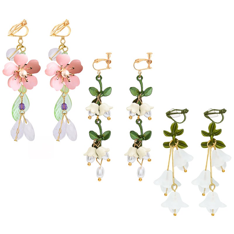 NEWITIN 3 Pairs Flower Clip On Earrings for Women Hypoallergenic Earring Pearl Leaf Floral Tassel Earring Non Piercing Clip on Long Flower Dangle Earrings for Women - Image 1