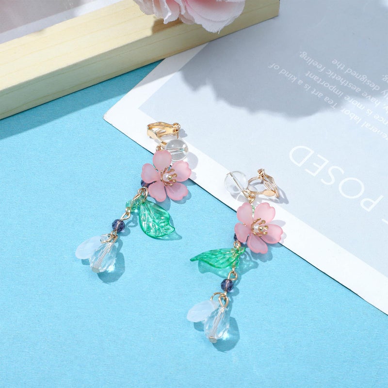 NEWITIN 3 Pairs Flower Clip On Earrings for Women Hypoallergenic Earring Pearl Leaf Floral Tassel Earring Non Piercing Clip on Long Flower Dangle Earrings for Women - Image 3