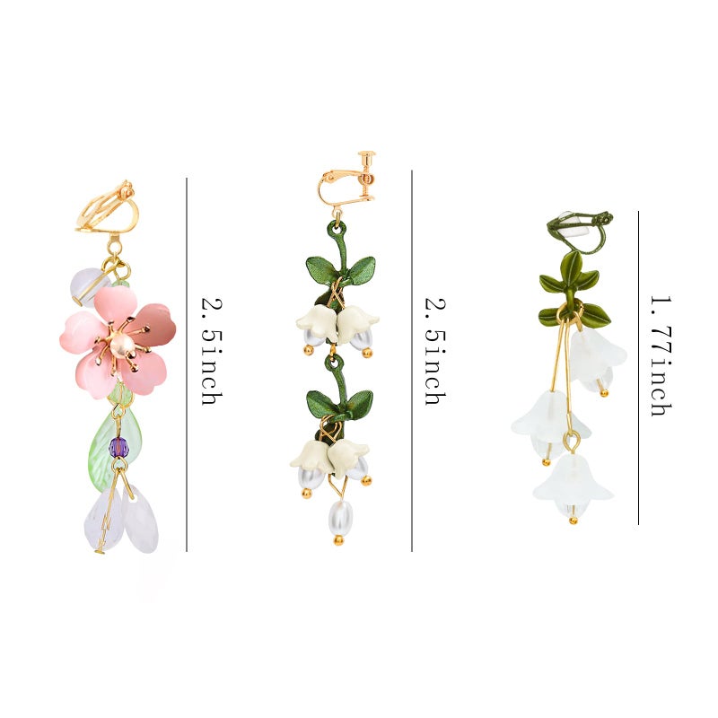 NEWITIN 3 Pairs Flower Clip On Earrings for Women Hypoallergenic Earring Pearl Leaf Floral Tassel Earring Non Piercing Clip on Long Flower Dangle Earrings for Women - Image 2
