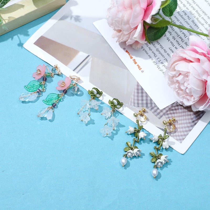 NEWITIN 3 Pairs Flower Clip On Earrings for Women Hypoallergenic Earring Pearl Leaf Floral Tassel Earring Non Piercing Clip on Long Flower Dangle Earrings for Women - Image 4
