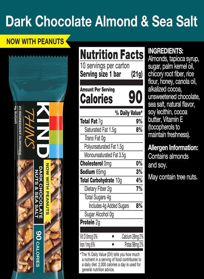 KIND THINS Dark Chocolate Nuts & Sea Salt Bars, 0.74 Ounce, 10 Count, Gluten Free Snacks, 4g Sugar (60 Bars) - Image 2
