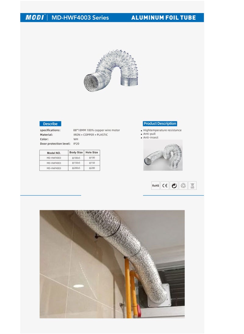 MODI Aluminium Duct Flexible Hose Aluminium Exhaust Pipe, 8 INCH-5M  - Image 2