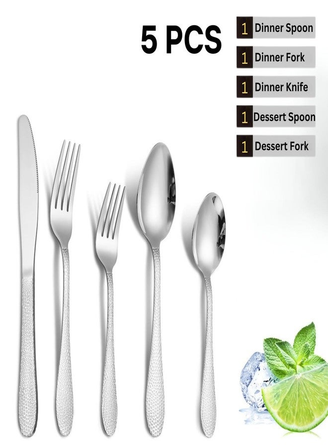 Clovis Silver Hammered Silverware Set with Steak Knives, 05-Piece Stainless Steel Heavy Duty Flatware Set for 1, Food-Grade Tableware Cutlery Set, Utensil Sets for Home Restaurant(05 Piece, Silver) - Image 2
