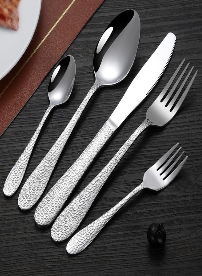 Clovis Silver Hammered Silverware Set with Steak Knives, 05-Piece Stainless Steel Heavy Duty Flatware Set for 1, Food-Grade Tableware Cutlery Set, Utensil Sets for Home Restaurant(05 Piece, Silver) - Image 3