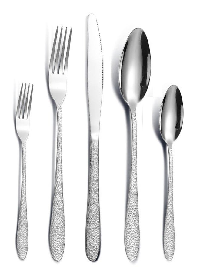Clovis Silver Hammered Silverware Set with Steak Knives, 05-Piece Stainless Steel Heavy Duty Flatware Set for 1, Food-Grade Tableware Cutlery Set, Utensil Sets for Home Restaurant(05 Piece, Silver) - Image 1