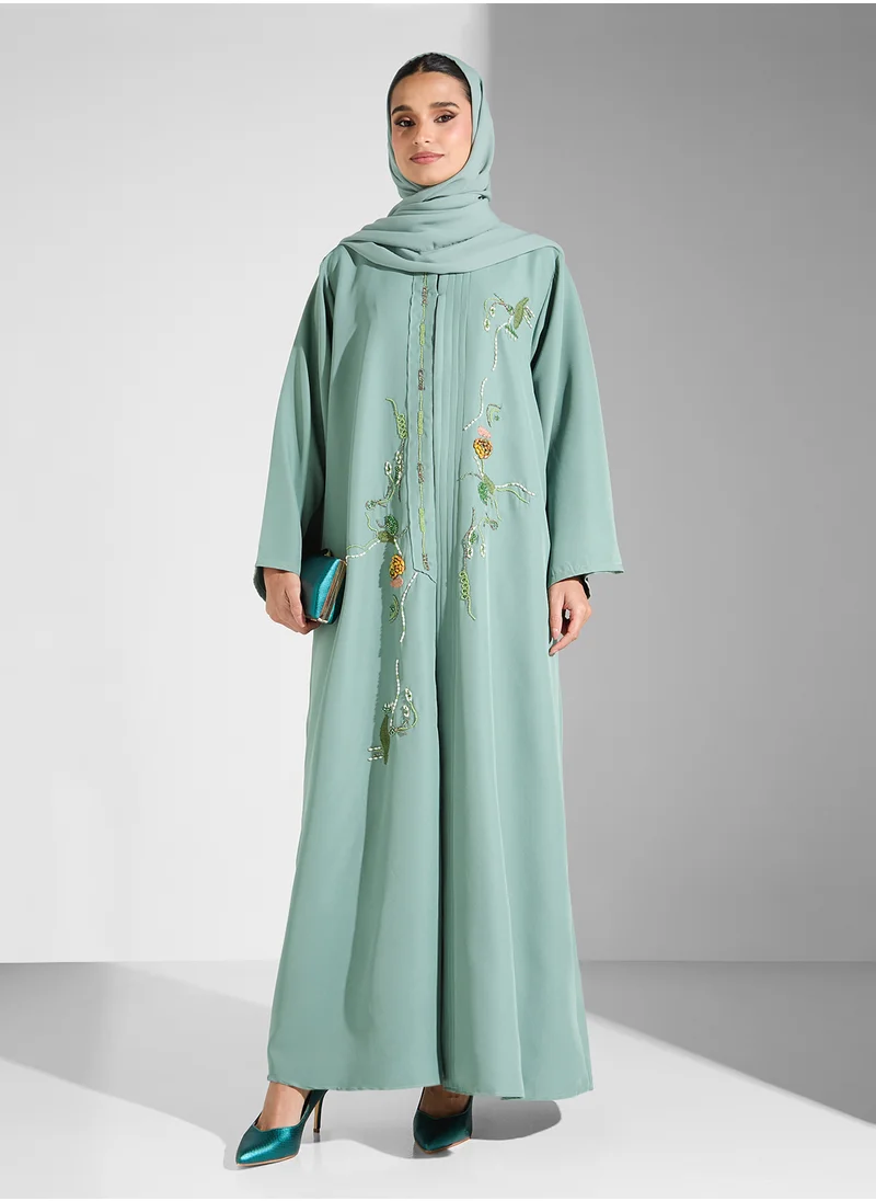 hayas closet Embroidered Open Front Abaya