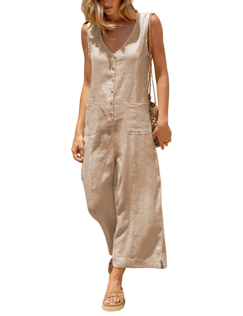 Yeokou Women Button Down Jumpsuits Cotton Linen Sleeveless Casual Wide Legs Rompers Loose Overall With Pockets(LightKhakii-XL) - Image 1