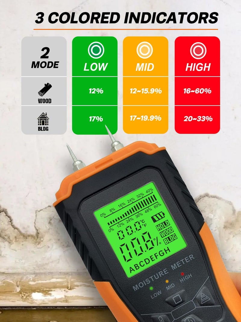 Mecurate Digital Pin Type Wood Moisture Meter with 3 Colored Indicators, Moisture Detector 2 Mode 8 Calibration Large Backlit for Wood, Wall, Firewall (Orange) - Image 4